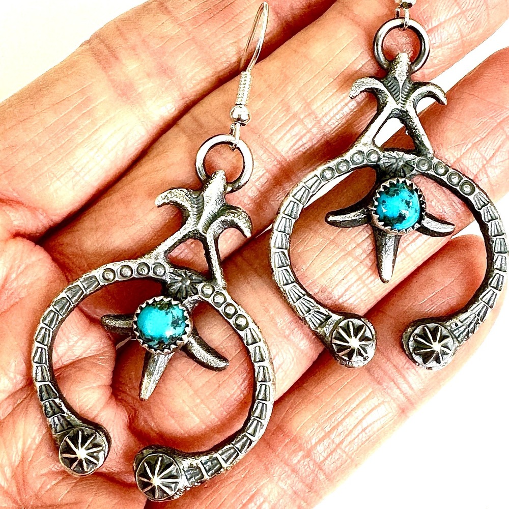 Navajo Naja Earrings Turquoise 2in Sterling 925 Squash Blossom‎ Hook Native Amer